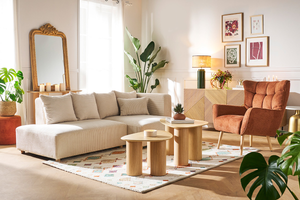 Canapé d'angle droit 3 places en tissu velours côtelé beige et bois clair HARLEM