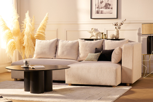Canapé d'angle droit 3 places en tissu velours côtelé beige et bois clair HARLEM