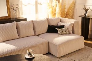 Canapé d'angle droit 3 places en tissu velours côtelé beige et bois clair HARLEM