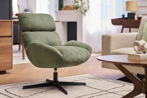 Poltrona girevole in velluto a coste verde kaki e metallo nero KLEM