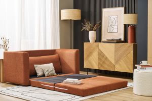 Canapé convertible 2 places en tissu effet velours texturé terre brûlée LEON