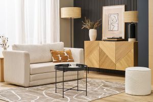 Canapé convertible 2 places en tissu velours côtelé beige LEON