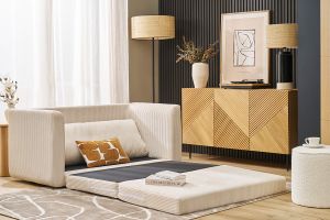 Canapé convertible 2 places en tissu velours côtelé beige LEON