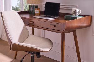Chaise de bureau à roulettes en bois et tissu effet velours texturé beige DOUGLAS
