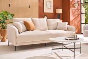 Canapé design 3 places en tissu effet velours beige et métal noir JERRY