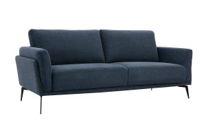 Canapé design 3 places en tissu effet velours texturé bleu foncé et métal noir MOSCO