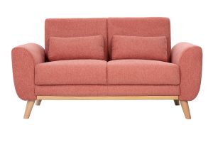 Canapé scandinave 2 places en tissu effet velours texturé terracotta et bois clair EKTOR