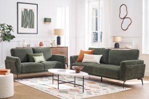 Canapé design 3 places en tissu effet velours vert kaki et métal noir MOSCO