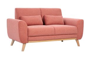 Canapé scandinave 2 places en tissu effet velours texturé terracotta et bois clair EKTOR