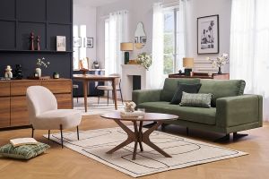 Canapé design 3 places en tissu chenille vert kaki et métal noir LENNON