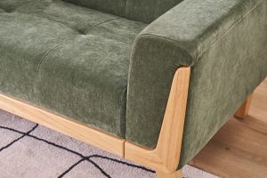 Canapé scandinave 2 places en tissu effet velours vert kaki et bois clair FJORD