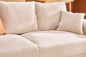 Canapé design 3 places en tissu effet velours beige et métal noir JERRY