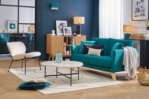 Fauteuil en tissu effet velours texturé beige et métal noir SHELBY