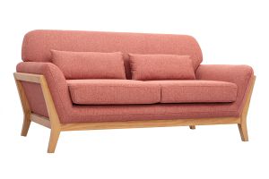 Canapé scandinave 2 places en tissu effet velours texturé terracotta et bois clair YOKO