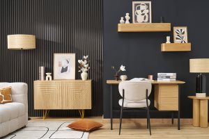 Bureau industriel finition bois chêne et métal noir avec rangements 2 tiroirs L120 cm MAXENCE