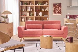 Divano scandinavo a 3 posti in tessuto effetto velluto terracotta e legno chiaro EKTOR