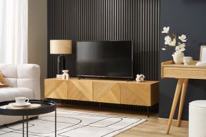 Meuble TV design en bois clair chêne massif gravé et métal noir 4 portes L180 cm ARCHIPEL