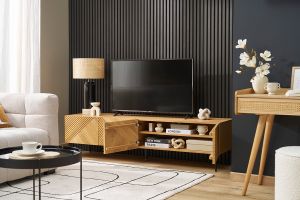 Meuble TV design en bois clair chêne massif gravé et métal noir 4 portes L180 cm ARCHIPEL