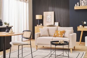 Canapé 2 places en tissu beige et bois clair MUNIK