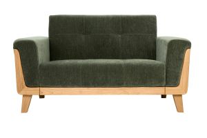 Canapé scandinave 2 places en tissu effet velours vert kaki et bois clair FJORD