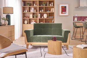 Canapé scandinave 2 places en tissu effet velours vert kaki et bois clair FJORD