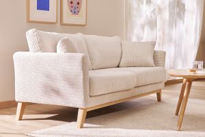 Canapé scandinave déhoussable 3 places en tissu velours côtelé beige et bois clair OSLO