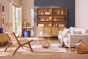Canapé scandinave déhoussable 3 places en tissu velours côtelé beige et bois clair OSLO