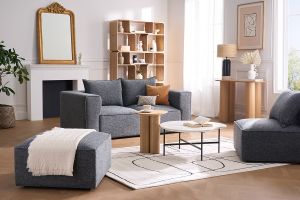 Pouf repose pieds en tissu chiné gris foncé KERRY