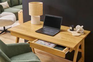 Bureau design avec rangements 2 tiroirs bois clair hévéa L120 cm BROOK