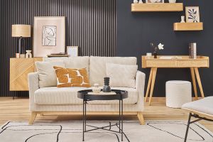 Canapé scandinave déhoussable 2 places en tissu velours côtelé beige et bois clair OSLO