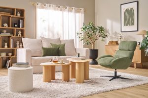 Pouf rond en tissu velours côtelé taupe D40 cm PAUL
