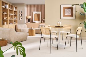 Table à manger design ronde en bois clair chêne et métal blanc D90 cm CALISTA