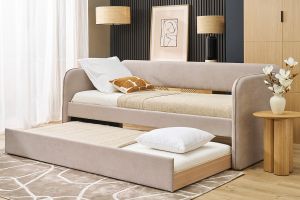 Lit gigogne en tissu taupe 90 x 190 cm EDISON