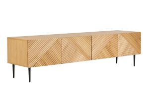 Meuble TV design en bois clair chêne massif gravé et métal noir 4 portes L180 cm ARCHIPEL