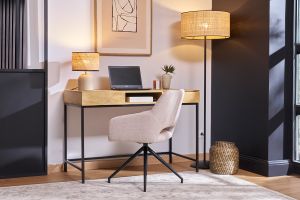 Chaise pivotante 360° en tissu effet velours texturé beige et métal noir LAURETTE