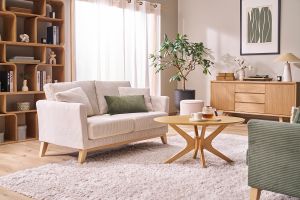 Canapé scandinave déhoussable 2 places en tissu velours côtelé beige et bois clair OSLO