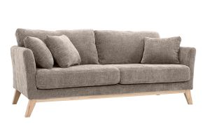 Canapé scandinave déhoussable 3 places en tissu effet velours texturé taupe et bois clair OSLO