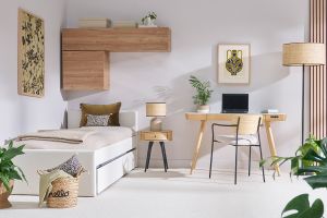 Chaises en bois clair chêne, tissu effet velours texturé beige et métal noir (lot de 2) SUSAN