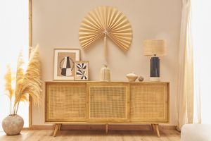 Lampe à poser noire en céramique et abat-jour en rabane H64 cm MAJES