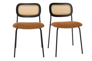 Chaises design en tissu effet velours texturé terre brulée, métal noir et cannage rotin (lot de 2) MIRANDA