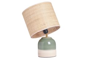 Lampe à poser verte en céramique et abat-jour en rabane H35 cm PIEGA