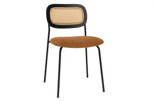 Chaises design en tissu effet velours texturé terre brulée, métal noir et cannage rotin (lot de 2) MIRANDA