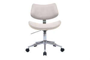 Chaise de bureau à roulettes design en tissu effet velours texturé beige, bois clair chêne et métal MALMO