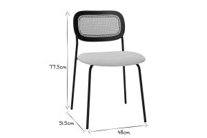 Designstühle aus beigem Textur-Veloursstoff, schwarzem Metall und Rattan-Geflecht (2er-Set) MIRANDA