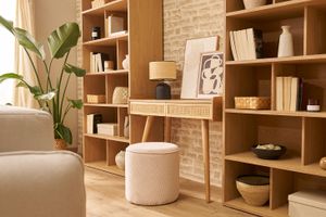Ufficio design con 2 cassetti in legno chiaro e intreccio di midollino L105 cm ELSY