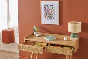 Ufficio design con 2 cassetti in legno chiaro e intreccio di midollino L105 cm ELSY
