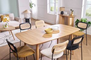 Chaises design en tissu effet velours texturé beige, métal noir et cannage rotin (lot de 2) MIRANDA