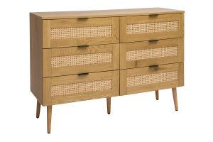 Commode finition bois clair, cannage en rotin et métal noir 6 tiroirs L120 cm MANILLE