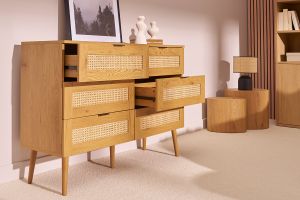 Commode finition bois clair, cannage en rotin et métal noir 6 tiroirs L120 cm MANILLE