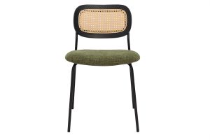 Chaises design en tissu effet velours texturé vert kaki, métal noir et cannage rotin (lot de 2) MIRANDA